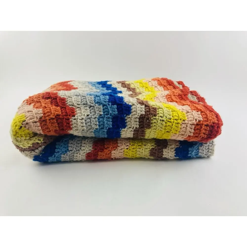 Vintage 70s 80s Handmade Afghan Crochet Blanket Wave Chevron Sunset Fall Blue Or